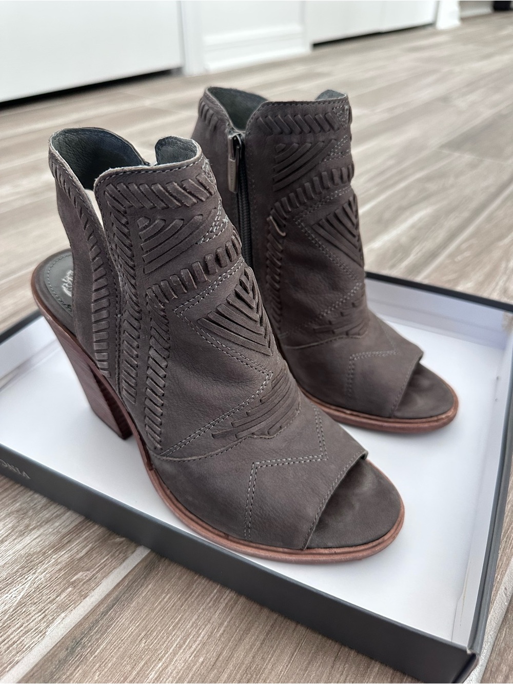 Vince Camuto Gray Cutout Suede Peep-Toe Booties